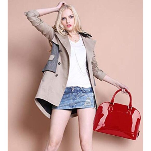 Patent Leather Dome Satchel Purse Black Large Zipper Shoulder Handbag with Multi - Picture 7 of 7